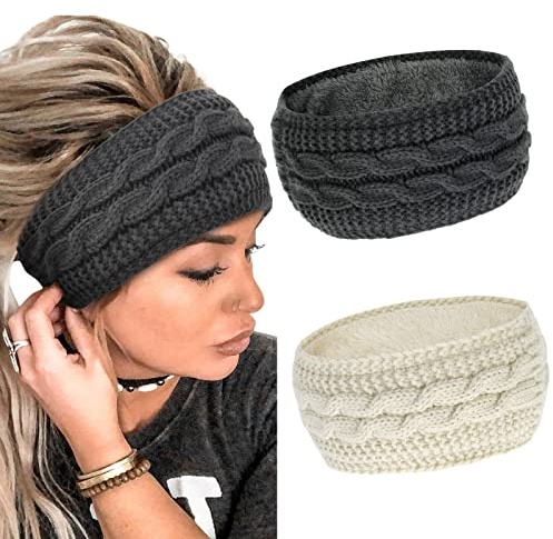 2 Packs Winter Knit Headbands for Women's Hair Wide Knitted Ear Warmer Lining Velvet Fleece Lined Grils Hairband Workout Skiing Yoga Head Bands Hair Accessories (Beige+Dark Grey)