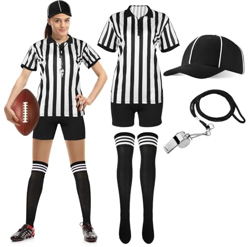 Schiedsrichter-Kostüm für Damen, schwarz-weiß gestreift, Ref. Shirt, Jersey, Shorts, Schiedsrichterhut für Karneval, Party, Halloween, Cosplay, Party