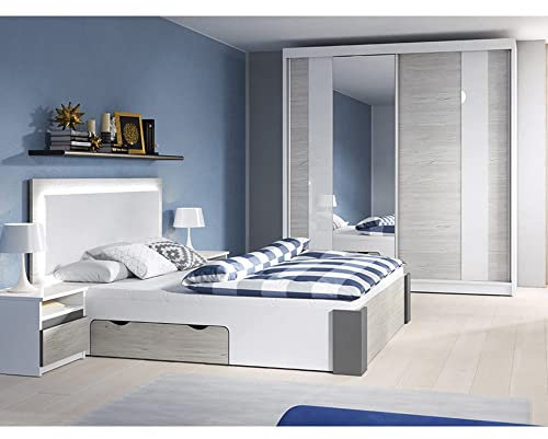 Fabryka Mebli Idźczak Schlafzimmer-Set Komplett - Helios II 180 Bettgestell - Kleiderschrank mit Spiegel, 2X Nachttisch - Innovativ, Stilvoll, Modern - Weiß/Kathult+Grau - Set ohne Matratze