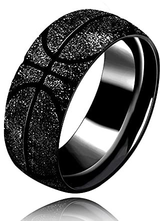 Uloveido 8MM Edelstahl Sport Basketball Ring gewölbte Art Hochzeitsband für Männer Jungen (Schwarz Ringdurchmesser 18.8)