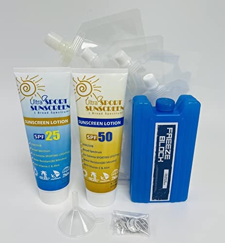 Binocktails 7 Pack Secret Flask Set – 2 Sunscreen Flasks + Ice Pack Flask Plus 4 Soft Pouches – Drink Pouches for Festivals and Games– Take Your Favourite Drink Anywhere