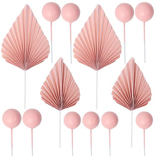 29Pcs Pink Cake Decorations Set, 4Pcs Paper Palm Cake Toppers and 25Pcs Cake Balls, DIY Cake Toppers Insert Decorations for Birthday, Wedding, Party Decoration