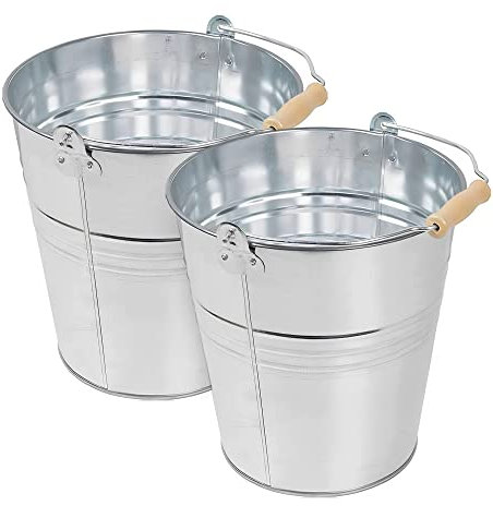 Metal Bucket - Pack of 2 – Strong Galvanized Steel Bucket 12L with Wooden Handle for Cleaning, Garden Storage, Hot Ash, Garden Waste, Drink Cooler Bucket for Multipurpose Uses (2 PCS.)