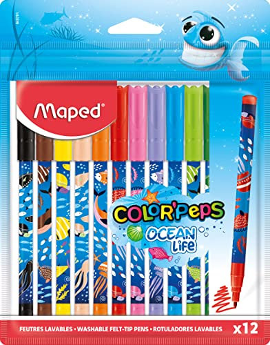 Maped - Filzstifte OCEAN LIFE - 12 Stück - 2 mm mittlere Spitze - perfekt zum Zeichnen und Malen - resistente Spitze (nicht blockiert) - kräftige Farben - wiederverwendbare Kunststoff-Tasche