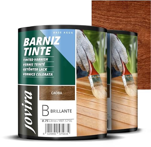 JOVIRA PINTURAS Barniz Tinte Brillante al Agua, acabado Brillo. Especial para teñir y barnizar maderas. (2x750 Mililitros, Caoba) E-44-2