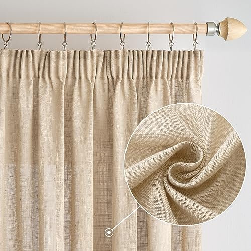 Woaboy Leinen Gardinen mit Kräuselband Vorhänge Wohnzimmer Leinenoptik Halbtransparent Stores Gardine Schlafzimmer Modern Schlaufengardinen 2er Set 140x260cm (BxH) Beige