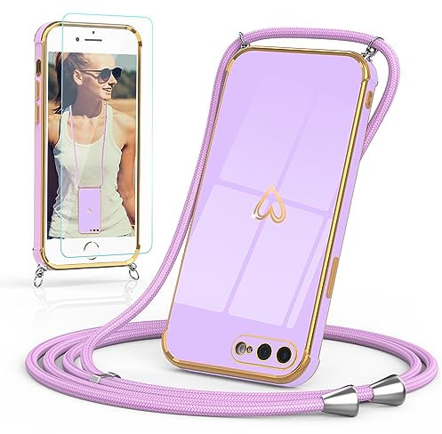 Togestar Handykette Hülle für iPhone 7 Plus/8 Plus Handyhülle mit Band und Schutzfolie, Kameraschutz Herz Love Design 360 Grad Stoßfeste Schutzhülle Silikon TPU mit Kordel zum Umhängen, Lila