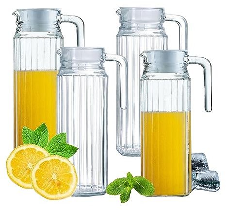 HOMESHOPA Glass Water Jug with Lid, 4 Pack 1.1L Water Pitcher Glass Carafe Jug for Hot/Cold Water Ice Tea Coffee Milk & Juice Beverage, Transparent Glass Fridge Door Water Jug with Spout and Handle