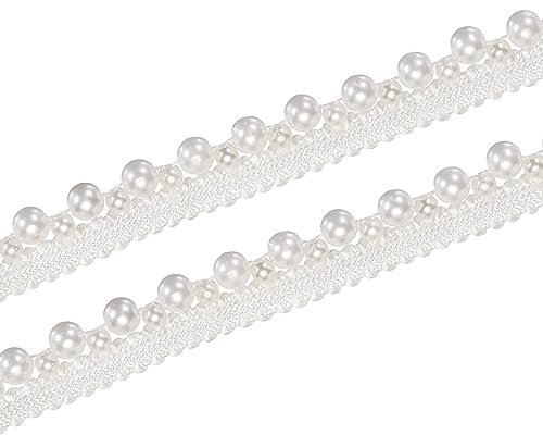 sourcing map 5 Yards Faux Pearls Lace Ribbon Pearl Bead Tassel Applique Pearl Fringe for Wedding Party Sash Ribbon Hair Clothes Decoration 12mm Wide,White