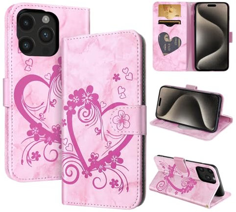 CASAFUNY Handyhülle für iPhone 15 Pro Max Hülle Tasche PU Leder Flip Case Brieftasche Kartenfach Klapphülle Handytasche Case Schutzhülle für iPhone 15 Pro Max, Rosa