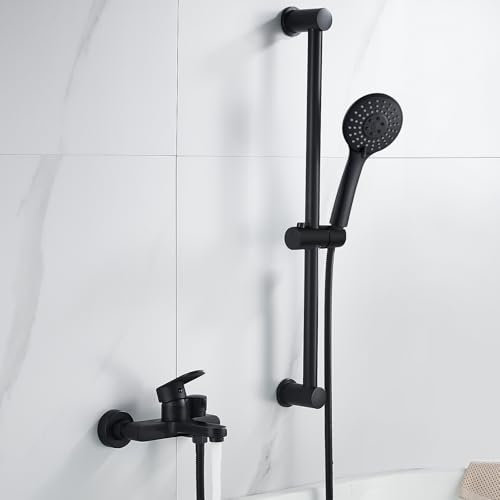 Grifo Bañera y Ducha Negro Grifo Bañera con Alcachofa, Manguera y Barra Soporte Regulable, Monomando Grifo Ducha Bañera Dos Salida, Conjunto Grifo Bañera Negro Montaje en Pared Griferia Ducha