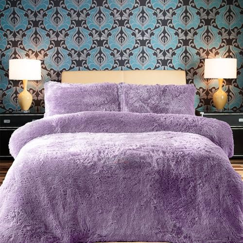 PARADISE STAR Teddy Fleece Duvet Quilt Cover Bedding Set With Matching Pillowcase Fluffy Thermal Warm and Cosy Lilac Superking 260cm x 220cm Approximate