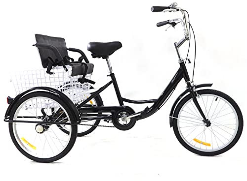 TFIANYNI 20 Zoll Single Speed Dreirad Für Erwachsene Senioren Fahrrad 3 Räder, Dreiräder Erwachsene Mit Korb, Stoßdämpfende Reifen, Geschenk (Typ C: Mit Kindersitz)