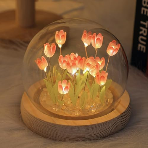 DIY Tulpe Nachtlicht, Batteriebetrieben Tulpen Nachttischlampe, Tulip Lamp mit Glasabdeckung, Atmosphäre Licht Tischlampe, Dekoratives für Schlafzimmer Kinder Mädchen Liebhaber Geschenke (20LED Rosa)