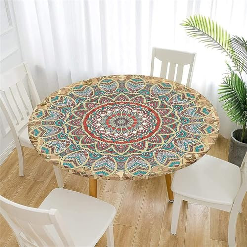 FANSU Tischdecke Abwaschbar Rund 70cm, Mandala Elastisch Rund Outdoor Tischdecken Modern Wasserdicht Fleckschutz Tische Gartentischdecke für Küche, Ideal für 50cm-60cm