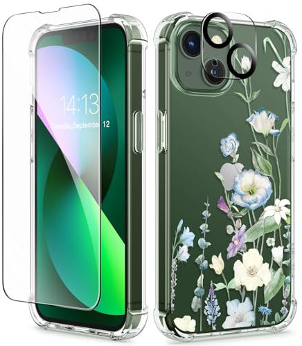 GVIEWIN Kompatibel mit iPhone 13 Hülle 6,1 Zoll 2021, mit Schutzglas + Kamera Schutzglas, klares Blumen Frauen Dünne Weiche TPU Stoßfeste Schutzhülle Cover Handyhülle,Akelei/Weiß