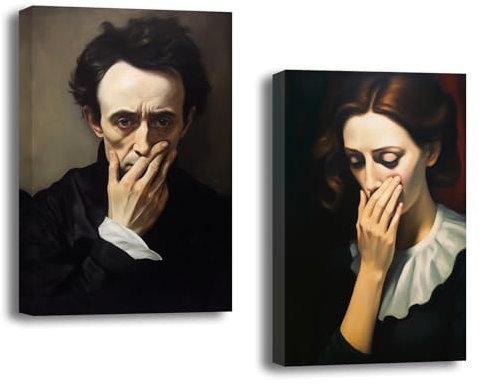 ZXHYWYM Lustiges Badezimmer Wanddekor 2 teilig Humor Männer und Frauen bedecken die Nase Bilddrucke klassische Porträts Leinwandgemälde Vintage(Bild, (28.00 x 35.00 cms x 2 Teilig))