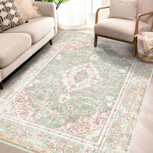 Vhong Teppich, Boho, waschbar, Vintage, Vorleger, modern, neutral, klein, 4 x 6, stark frequentiert, für Esszimmer, Wohnzimmer, Schlafzimmer, Bauernhaus, rutschfest, Grün und Rosa