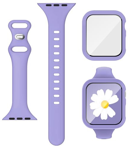 Bracelet 3 en 1 pour Apple Watch mince de 44 mm avec étui et protecteur d'écran, bracelet de sport fin en silicone et coque avec verre trempé 9H pour iWatch Series SE SE2 9 8 7 6 5 4 pour femme Violet