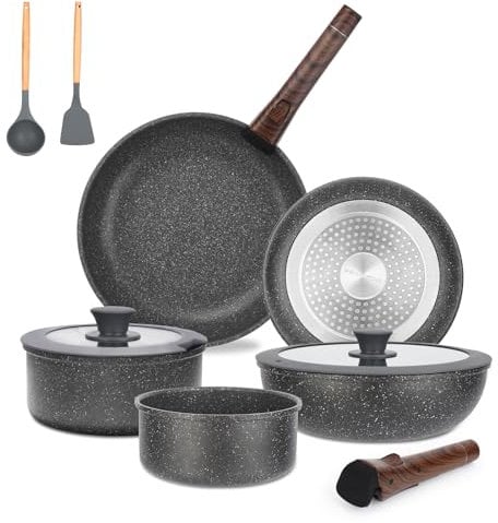 16PCS Pots and Pans with Removable Handles, New Handle Adjustable, Stackable RV Cookware with Deluxe Large Size, Dishwasher & Oven Safe, Induction Cookware Set Non Stick, Granite Dark Gray