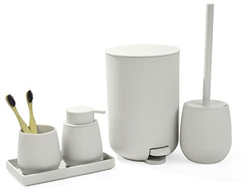 GAHEFY Badset Badezimmer Zubehör Set Beige, Badausstattung Sets Deko, 5 Teiliges Bad Set - Seifenspender Zahnbürstenhalter Schminktablett Klobürste und Mülleimer Set für Bad (Beige)