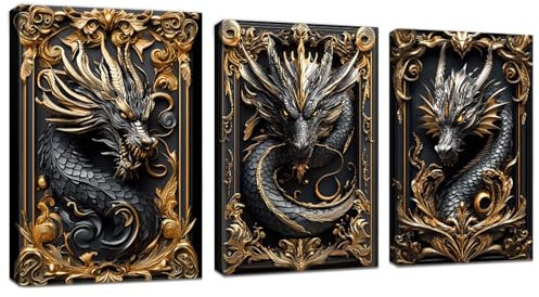 3Pcs Encadré Impressions sur Toile Dragon sculpté en or noir Tableau Murale Decoration Salon Photo sur Toile Image sur Toile Peinture 3D Animal Gragon Tableaux Chambre Maison 30x40 cmx3(90x40 cm)