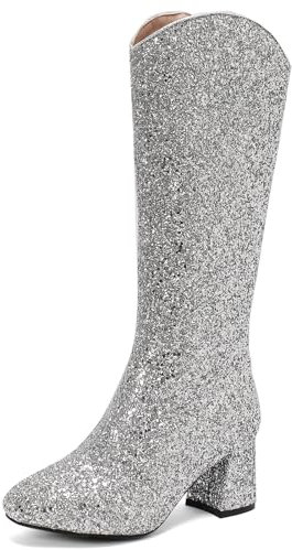 MJIASIAWA Sposa Sposa Warm Sequins Shiny Stivali Alti Punta Rotonda Donna Moda Tacco A Blocco Zip Serata Eleganti Brillantini Boots Argento Numero 34 Eu