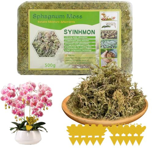 Vmxlso 500g Musgo para Orquideas, Musgo Sphagnum, Sphagnum Moss con 10 Trampa Moscas, Sustrato para Orquídeas, Enmienda de Suelo de Jardinería y Medios de Suelo para Plantas Carnívoras