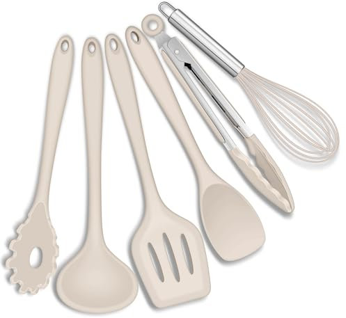 Joyfair Küchenutensilien Set, 6 Stück Silikon Küchenhelfer Kochbesteck Set, Khaki Antihaft Pfannenwender Küchenset zum Kochen & Backen, Hitzebeständiger & Lebensmittelqualität, Spülmaschinenfest