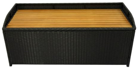 Panana Rattan Garden Storage Box, Deck Bench with Wood Lid, Zippered Inner Liner, 120x50x50cm Patio Wicker Chest Organiser Furniture for Cushions Tools Toys, Outdoor Seating Organizer Black