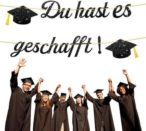 Glitzer Graduation Deko, 1,6m Girlande Abschluss Deko, Abitur Abi 2025 Bachelor Deko-Du hast es geschafft, Graduation Girlande mit Absolventenhut Motiv für Bachelor Master Doktor Abschlussfeiern
