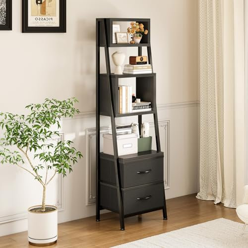 Coleshome Bücherregal, Regal Schmal mit 5 Regalen, mit 2 Stoffschubladen, Bücherregal Klein Geeignet für Schlafzimmer, Büro, Wohnzimmer, Küche, 39 x 28.5 x 157cm, Schwarz