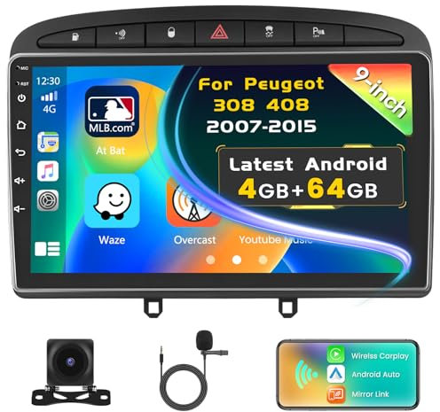 [4+64GB] Inefala Android 15 Autoradio pour Peugeot 308 408 2007-2015, 9 Pouces écran Tactile Poste Radio Voiture Bluetooth avec Wireless Carplay Android Auto GPS WiFi RDS/FM Caméra de Recul & Mic