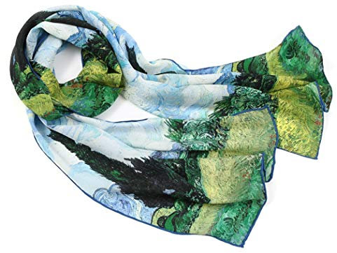 Prettystern Damen Herr langer Seidenschal Van Gogh Malerei blau grün - Weizenfeld mit Zypressen P710