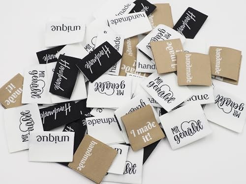 60 Stück Handemade Label zum einnähen Paket, 4 Motive je 15x, Nähzubehör Mit liebe Genäht Annähen Einnäher Web Label Etikett nähen