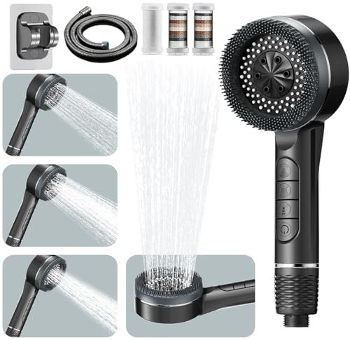 Pommeau de Douche Haute Pression, Pommeau Douche Economie Deau 4 Types de Jets Pommeau de Douche Anti Calcaire avec Tuyau Douche 1.5M et Support de Douche, avec Bouton D'arrêt D'eau, Gris