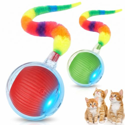 JinRui-T 2PCS Active Rolling Ball with Tail for Dogs and Cats | Interactive Cat Chewie Rollie Pet Smart Chase Ball, Interactive Smart Cat Toy Pet Ball