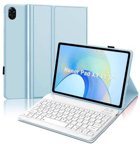 JADEMALL Keyboard Case for Honor Pad X9, Wireless Magnetic Detachable Bluetooth Keyboard(QWERTY Layout), Premium PU Leather Cover with Pencil holder for HONOR Pad X9 11.5-inch Wi-Fi Tablet, Sky Blue