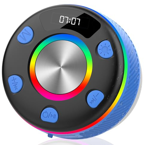 Bluetooth Shower Speaker, Portable Speakers Bluetooth 5.3 with HD Sound, IPX7 Waterproof, Colorful RGB Light/LED Display/Shower Radio/Hands-Free Call/Suction Cup, Perfect for Bathroom Sing-Along