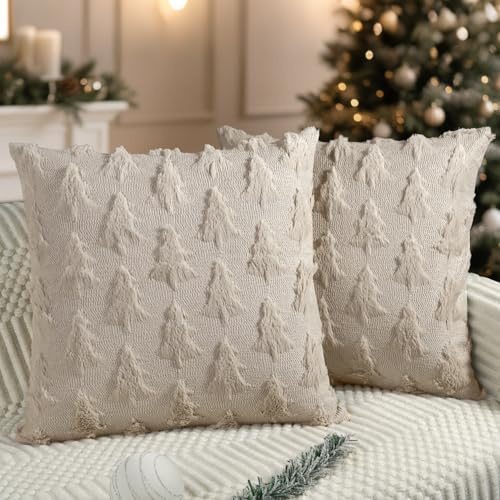 Miaikoe Weihnachtskissenbezüge 45x45 cm Set von 2 Beige Weihnachtsbaum-Kissenbezüge Weich Plüsch Kunstpelz für Winterferien Wohnzimmer Reiseautobahn Sofa Dekoration