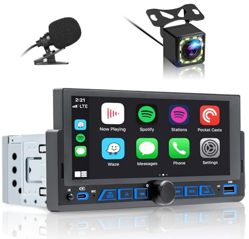 Radio Coche 1 DIN con Wireless A-pple CarPlay y Android Auto - Pantalla Táctil de 6.86 Pulgadas, Autoradio con Bluetooth, Am/FM/Mirror Link/Tipo C/USB/Micrófono/Cámara de visión Trasera