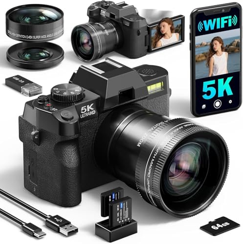 5K 64MP Digital Camera, Cameras for Photography, Vlogging Camera for Youtube, WiFi & App Control and Wide-Angle & Macro Lens, Perfect for Entry-Level Users and Beginners(64GB TF Card) (Black)