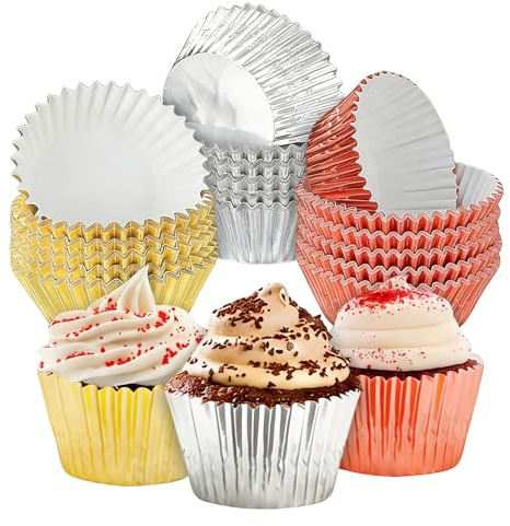Foil Cupcake Cases, 300 PCS Foil Metallic Cupcake Cases, Foils Baking Cups Muffin Liners for Christmas Birthday Wedding Holiday Party(3 Colors)