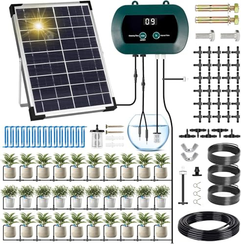 ZQEJEFD Irrigazione Automatica Energia Solare, Sistema Automatico di Irrigazione del Giardino con Timer e Tubo Lungo 35M, Set di Irrigazione a Goccia per Piante in Vaso in Soggiorno, Patio, Balcone