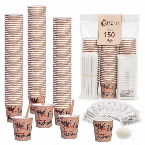 Caffetti Kit 150 Bicchierini Caffè + 150 Palette + 150 Bustine di Zucchero - Bicchieri 90 ml 3 oz in Carta Made in Italy, Palettine Monouso in Legno, per Ristoranti, Ufficio, Asporto, Bar