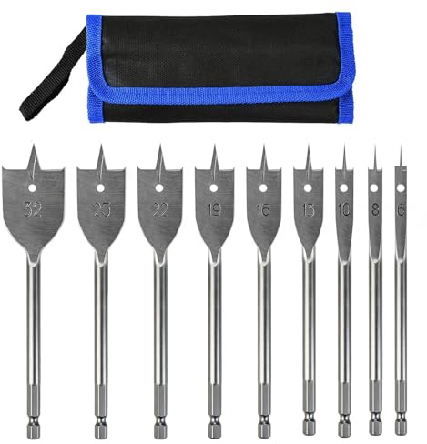9-Piece Spade Drill Bit Set 6-32 mm, Wood Drill Bits, Heavy Duty Flat Wood Drill Bits, 1/4 Inch Quick Change Hex Shank, Storage Pouch Included, Carbon Steel Paddle Bit Kit for Wood, Cork, and Plastic