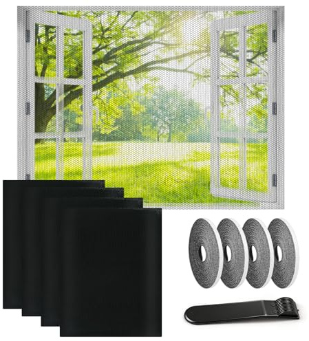 Pack of 4 Fly Screen Window 130 x 150 cm, Insect Protection Window with 4 Rollers, Self-Adhesive, Mosquito Net Window, Fly Screen Net, Keeps Beetles/Flies/Mosquitoes Outdoors