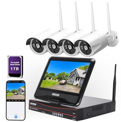 All in one with Monitor Wireless Security Camera System Home WiFi CCTV 4CH 1080P NVR Kit 4pcs 960P Indoor Outdoor Bullet IP Camera P2P IR Night Vision Weatherproof Plug and Play with 1TB Hard Drive