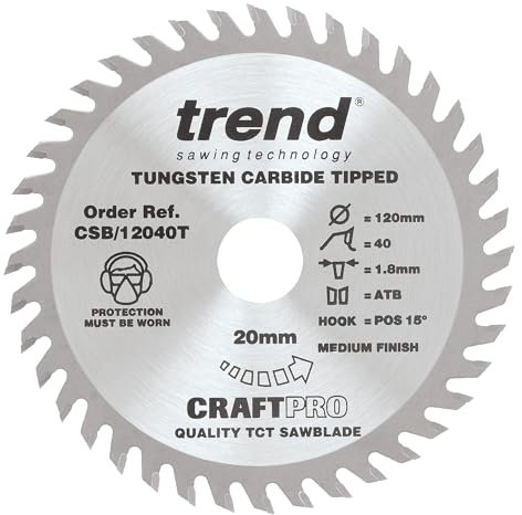 Trend CSB/12040T Lame de scie circulaire à bois sans fil Diamètre 120 mm alésage 20 mm 40 dents Trait de scie 1,8 mm Crochet +15°
