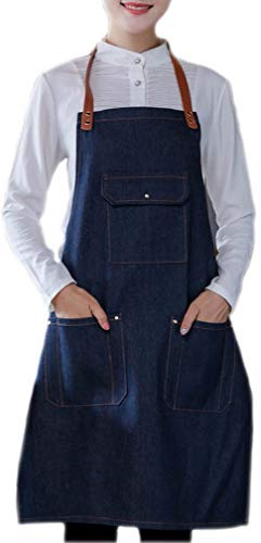 A.Monamour Schürzen Kochschürzen Küchenschürzen Verstellbare Latzschürze Aus Blauem Denim-Leder Mit Taschen Für Die Küche Beim Kochen Im Coffeeshop